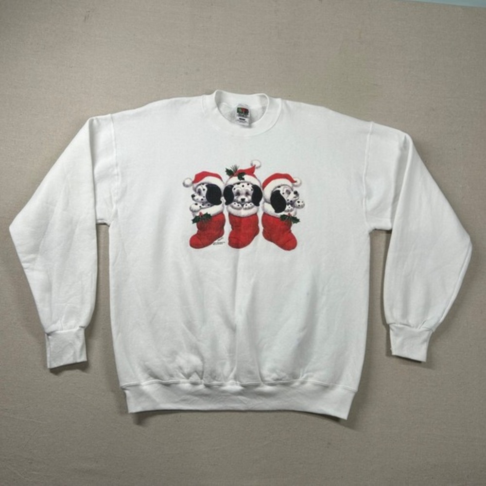 Vintage Fruit Loom Sweatshirt Mens L Christmas Dalmation Puppies Stockings‎ 90s